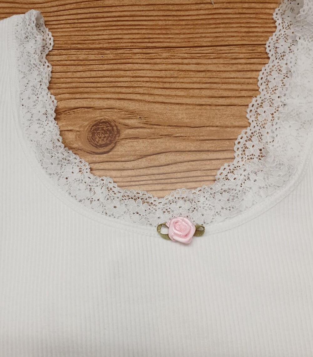 Lace-Trim Cotton Chemise with Pink Rose Detail - White